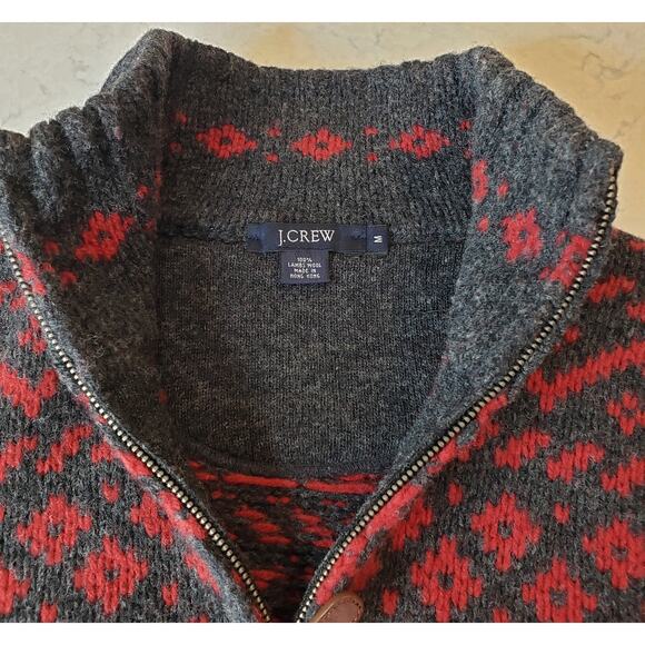 Vintage J. CREW 1/4 Zip Sweater 100% Lamb's Wool Fair Isle Men's Medium Red Gray - Picture 3 of 13